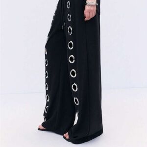 Wide-Leg Black Grommet Detail Pants